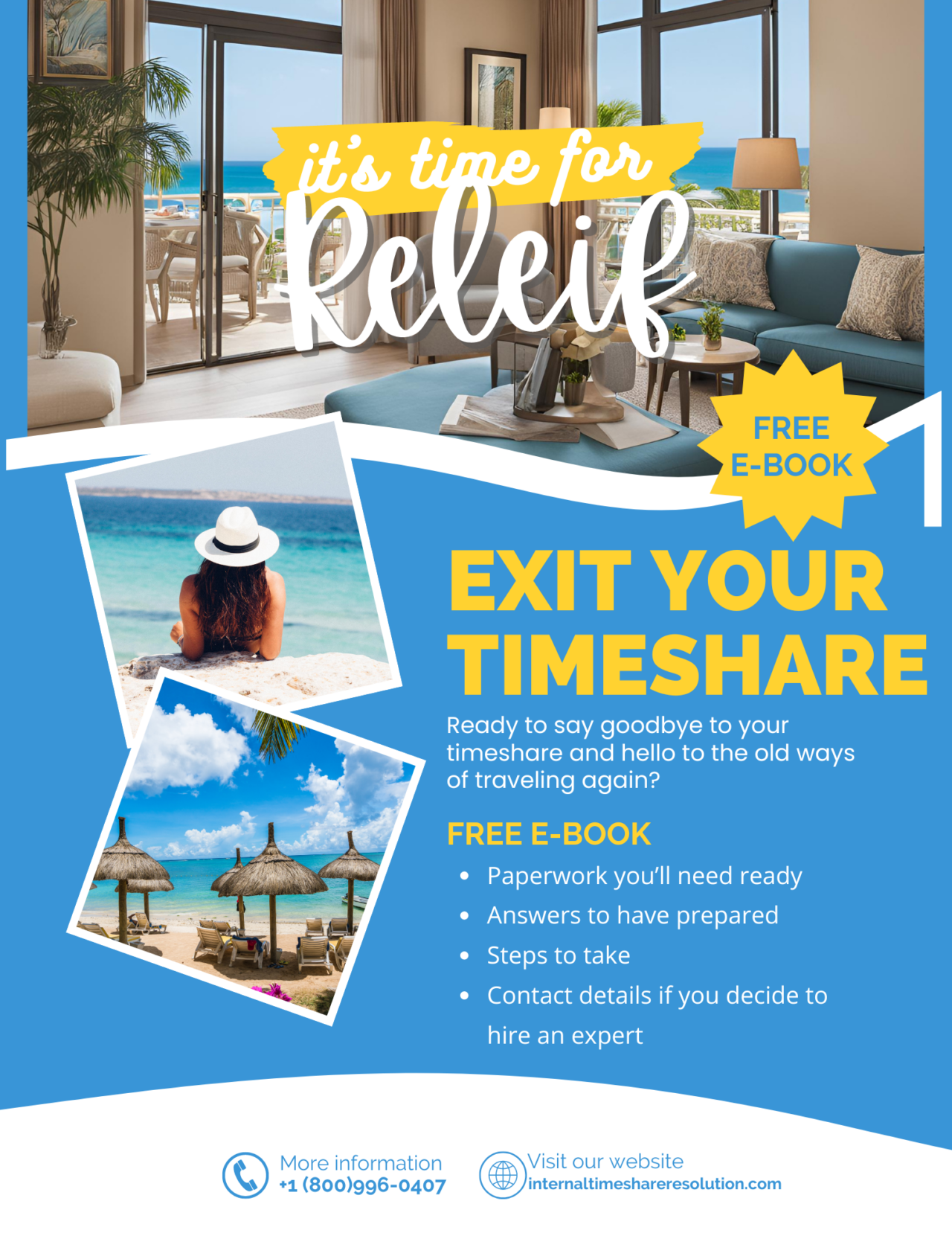 Image saying "it's time for relief" Download your free e-book with images depicting vacation.